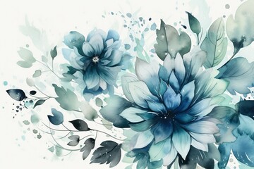 Vintage watercolor blue floral design. Abstract flowers and leaves on white background. Generative AI