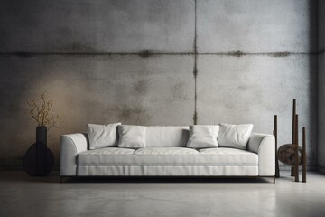 3D white leather sofa against concrete wall. Generative AI