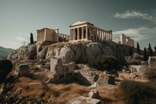 Ancient photo of ruined Acropolis in Athens. Generative AI