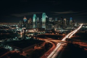 Fototapeta na wymiar Mesmerizing Dallas skyline featuring highway, park, and the iconic Reunion Tower. Generative AI