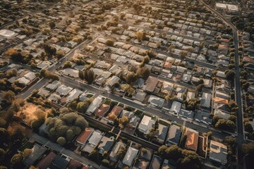 An aerial view of a suburban area with houses and busy streets. Generative AI