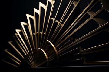 Elegant golden art deco fan pattern on a black background. Luxurious modern metallic sculpture. Generative AI