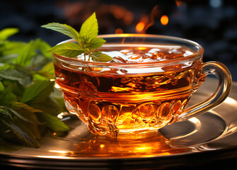 a tea cup is being poured into a cup with mint lea - obrazy, fototapety, plakaty