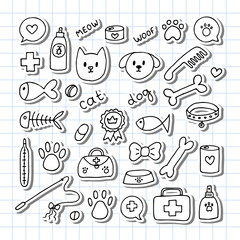 Hand drawn vet icons. Pet shop or store concept. Caring for animals dogs, cats. Pets stuff and supply set. Stickers