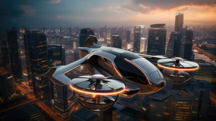 Fototapeta na wymiar Vertical take-off electric flying cars in airspace on airways in sky over cities and metropolis.