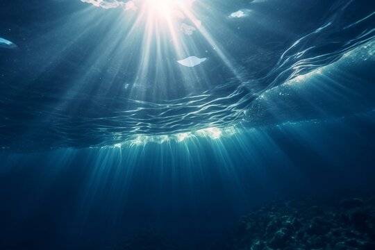 Entrancing underwater light with sun rays streaming through deep blue seawater, creating a pristine and tranquil background. Generative AI