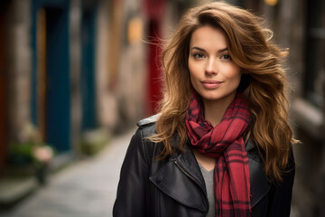 Fototapeta premium A Captivating Portrait: A Timid and Enigmatic Woman with Brown Hair, Serene Smile, and Delicate Red Scarf, Embracing Nostalgia on a Quaint Cobblestone Street