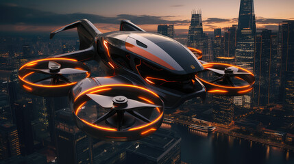 Vertical take-off electric flying cars in airspace on airways in sky over cities and metropolis.