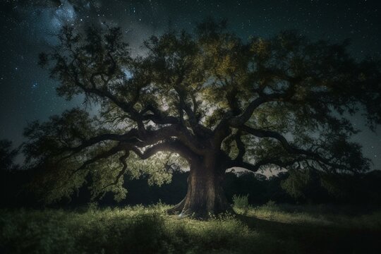 Dark picture of a lush oak tree under the night sky captured by Hank Grebe. Generative AI