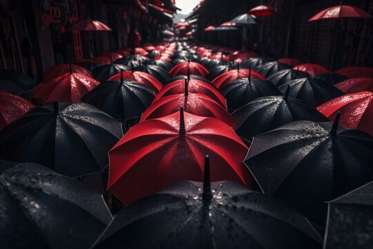 A red umbrella stands out among a sea of black umbrellas. Generative AI