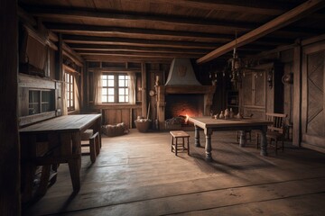 Room with rustic timbers and wood floors. Generative AI