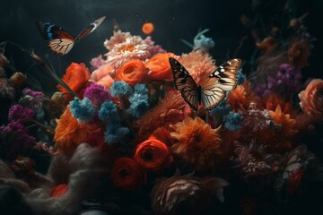 Beautiful bouquet of flowers and a butterfly, portrayed in an imaginative and dreamy artistic style. Generative AI