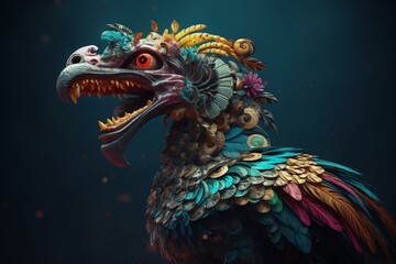 Illustration of Quetzalcoatl, a serpent with colorful feathers, the god of Mayan and Mesoamerican cultures. Generative AI