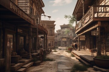 3D visualization of an authentic wild west street, showcasing ancient wooden structures. Generative AI