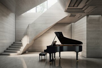 3D illustration of a grand piano in an interior with concrete architecture. Art and musical instruments. Generative AI