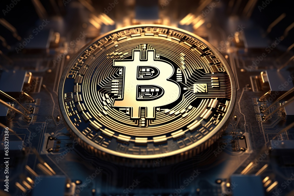 Poster Bitcoin coin on computer board.
