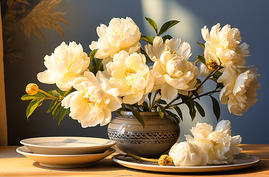 large white peony bouquet sitting on a plate