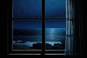 A window with a view of the ocean at night. Digital image.