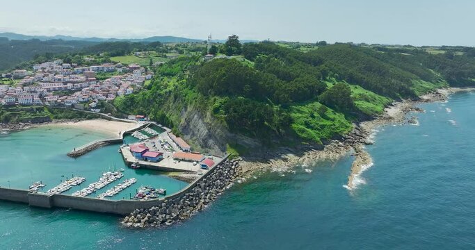 Panoramic aerial view of Lastres, province of Asturias, Spain. Named beautiful town of Spain