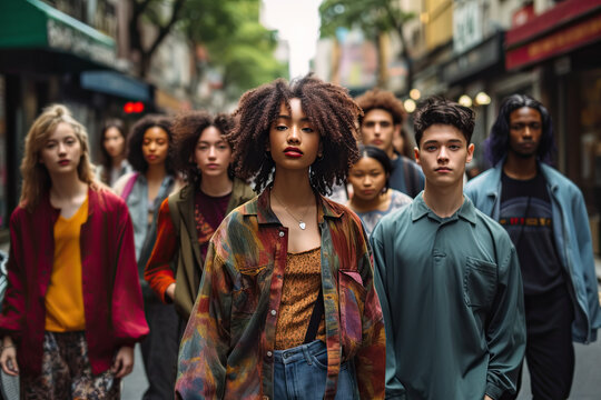 Grupo de amigos estudiantes adolescentes multi&eacute;tnico, mirando a c&aacute;mara  caminando por las calles de una ciudad. concepto igualdad entre razas
