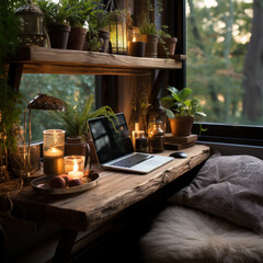 Fototapeta na wymiar A cozy corner with a laptop wood shelf rustic 