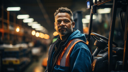 Fototapeta na wymiar Photorealistic concept of white male as forklift driver posing at work