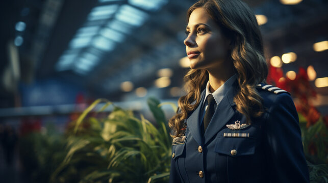 Photorealistic concept of one female pilot at an airport, excitied for the next flight