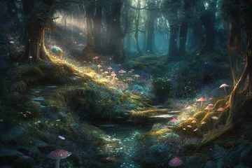 Rolgordijnen Sprookjesbos Magical dark fairy tale forest at night with glowing lights and magic mushrooms. Fantasy wonderland landscape with mushrooms. Amazing nature landscape. Illustration with AI generation.