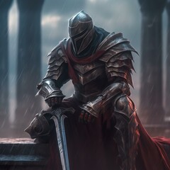 Full Armored Soldier Resting in Rainy Temple Setting.
