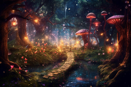 Magical dark fairy tale forest at night with glowing lights and magic mushrooms. Fantasy wonderland landscape with mushrooms. Amazing nature landscape. Illustration with AI generation.