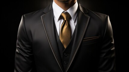 Front view of man’s torso elegantly dressed in business wear including jacket, necktie and white shirt over black background.