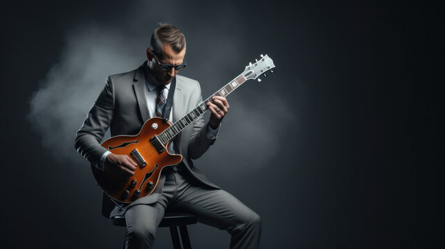 cool guy little smile wearing suit playing the guitar on the grey background