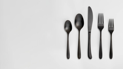 Top view group closeup of black stainless steel utensils, isolated on copy-space background.