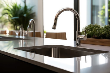 Single metallic sink and metal faucet on the vanity inside kitchen of home. Trendy sink in interior design.