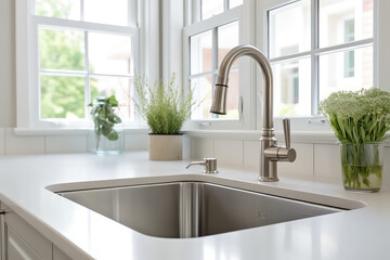 Single metallic sink and metal faucet on the vanity inside kitchen of home. Trendy sink in interior design.
