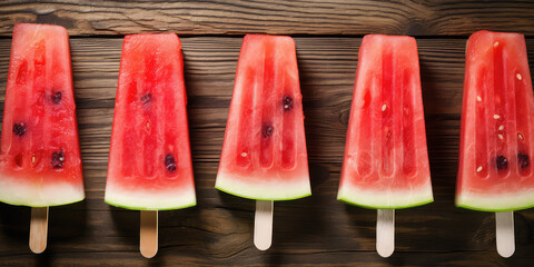Top view Watermelon slice popsicles on a rustic wood background. Creative summer refreshing concept. Natural fruit ice cream on a stick.