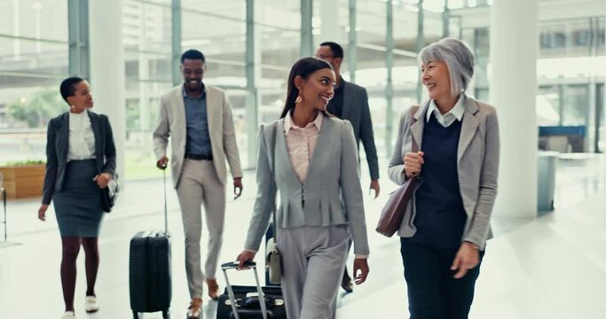 Business people, travel and walking with suitcase at office for international team collaboration or meeting. Happy group of employees talking on work trip in teamwork, global company or building