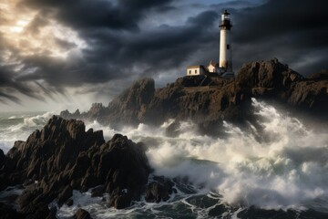 Fototapeta na wymiar Stormy Sentinel: Coastal Lighthouse Amidst Rugged Cliffs 
