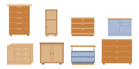 Storage furniture set in the living room. Various dressers. Interior design concept. Vector flat illustration...