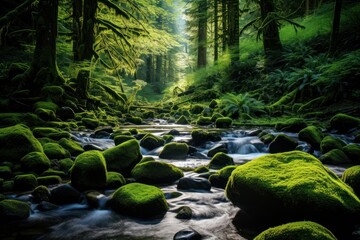 Moss-Covered Eden: Sun-Kissed Forest, Ferns, and Gently Babbling Brook
