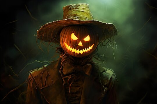 oil painting of a frightening halloween scarecrow jackolantern on the style of classic fantasy illustration, green rim light in the fog | Generative AI