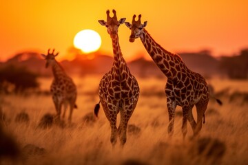 Fototapeta na wymiar Sunset Safari Vista: Illustrating Giraffes, Lions, and Zebras on the Savannah 
