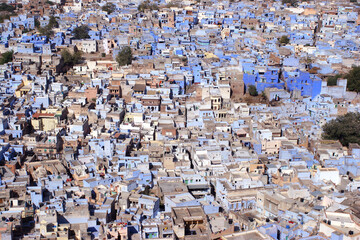 View of the Blue Jodhpur houses from Meherangarh Fort (Majestic Fort) in Jodhpur, Rajasthan, India