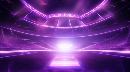 Abstract purple neon stadium background illuminated with lamps on ground. Product and sports technology background.