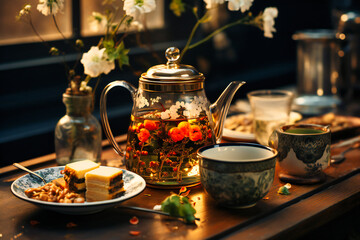 a tea kettle is on a table next to a plate of food - obrazy, fototapety, plakaty