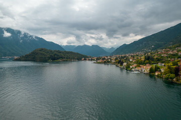 Aerial Drone View of Buildings Along the Shore in Tremezzo in Lake Como Italy