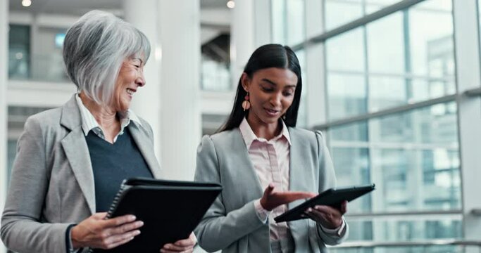 Planning, mentor and walking with business people and tablet for feedback, teamwork and proposal. Consulting, networking and advice with employees for strategy, communication and project management - Powered by Adobe