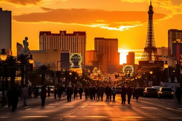 Fototapeta na wymiar Sunset Magic on the Iconic Las Vegas Strip: Neon Glamour and Casino Silhouettes 