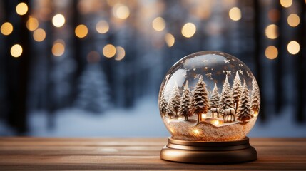 Fototapeta na wymiar Snow globe on wooden table with winter forest background. Snow globe with trees on winter snowfall background. 