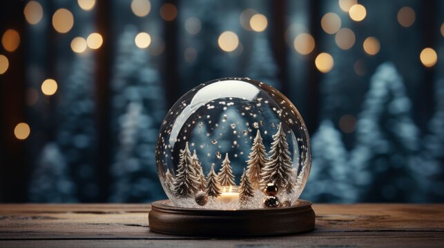 Snow globe on wooden table with winter forest background. Snow globe with trees on winter snowfall background. 